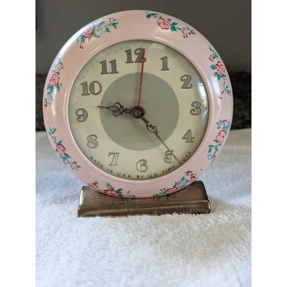 Vintage Retro Mid Century Wind Alarm Clock Round Pink Rose Flower US Time Rare