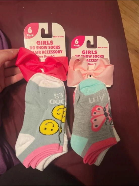 Girls No Show Socks & Hair Bow Set - Pink, Coral, Gray