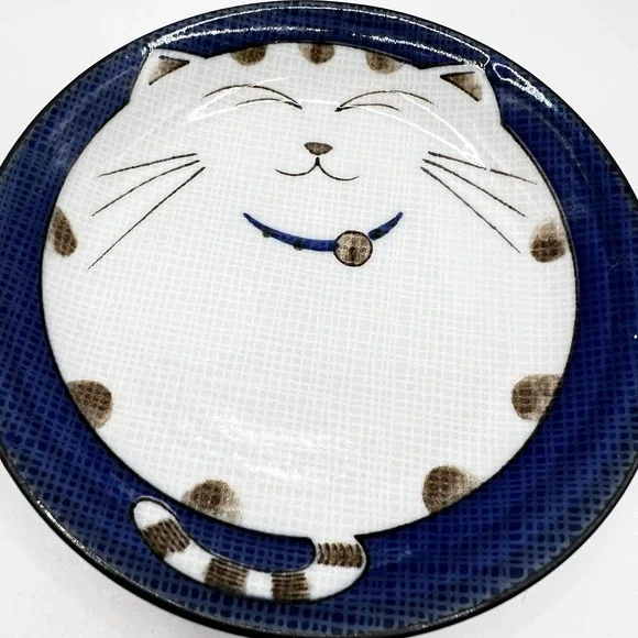 Happy Cat Sauce Bowl Blue Japan Warai Neko 4 1/2
