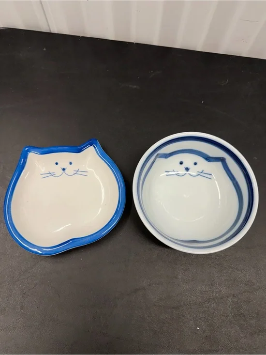Coordinating Ceramic Cat Bowl and Plate Set Excellent Condition