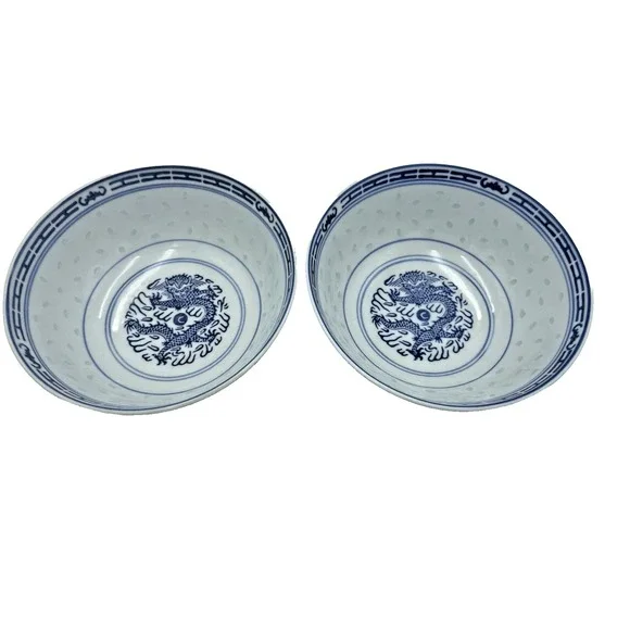 Lot of 2 Vintage Chinese Blue and White Rice‎ Grain Bowls with Dragon 6