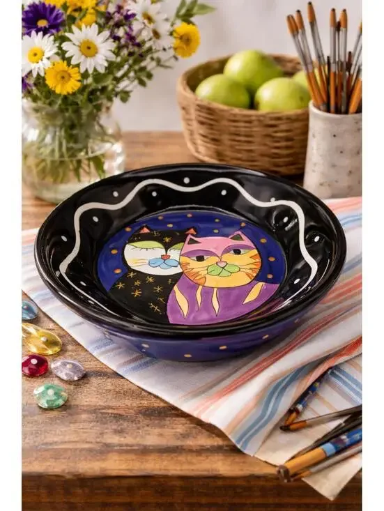 Vintage Milson & Louis Hand Painted Cat Bowl Signed Folk Art Pottery