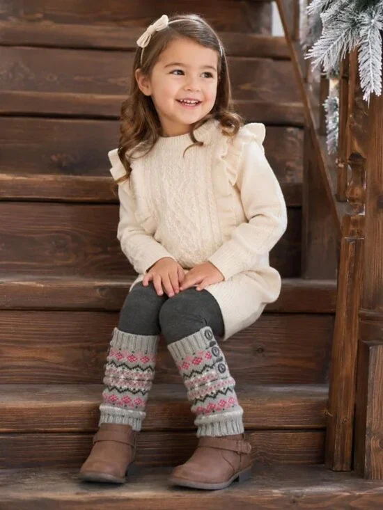 Toddler Girls Knit Leg Warmers Boot Cuffs Fair Isle Gray Pink Size 3T