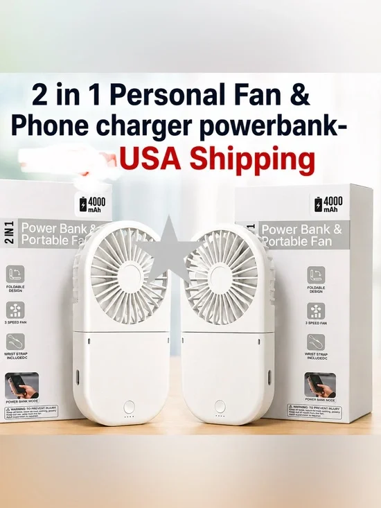 Essentials White 2-in-1 Personal Fan & Power Bank - 4000mAh lot/2