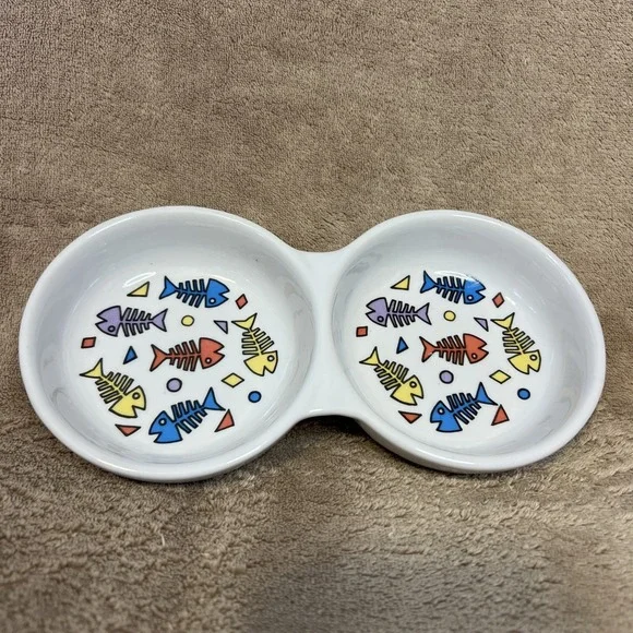 Double Bowl Cat Food & Water Dish Fish Bones Stoneware‎ Heavy Durable Dishes
