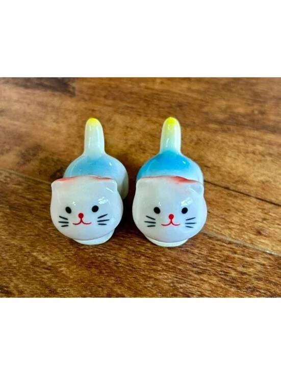 Pair of Vintage Ceramic Cat Figurines in Blue and White