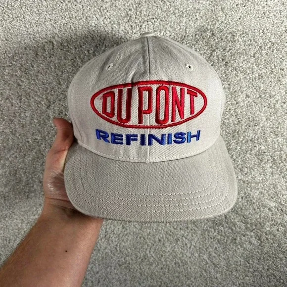 Vintage 90s DuPont racing grey/cream wool strap back hat cap by AJD