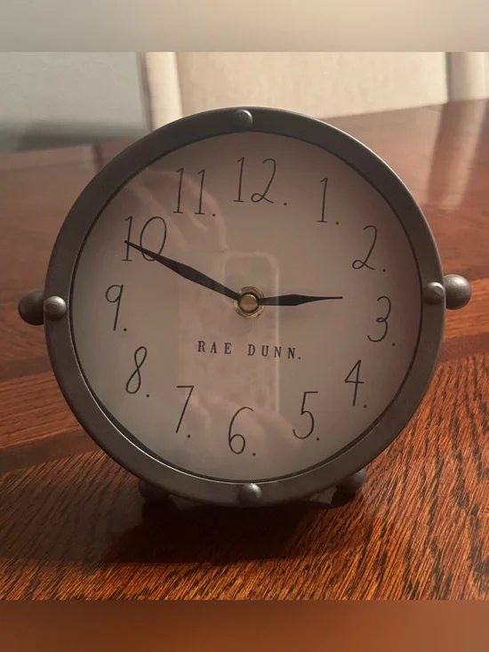 Rae Dunn Round Analog Desk Clock, Gray Metal Frame, White Dial, Quartz Battery