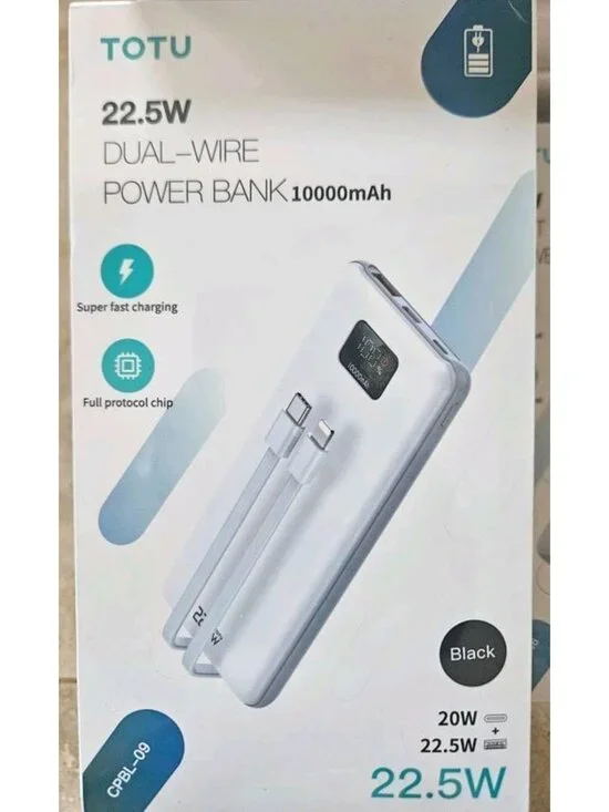 TOTU 10,000mAh Dual-Wire Black Power Bank 22.5W Fast Charging Factory Sealed