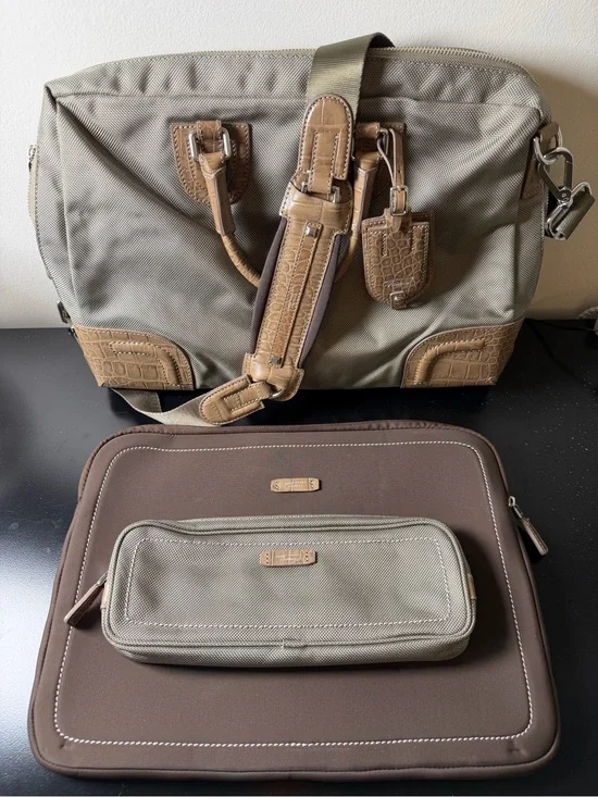 Tumi Tan & Taupe Laptop Bag Set with padded sleeve and accessory pouch.