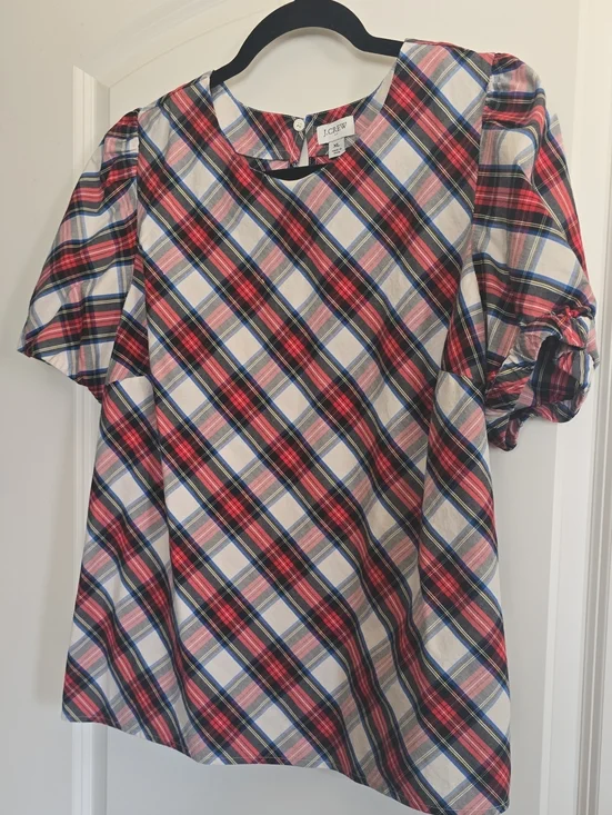 J. Crew Pink, Red & Blue Plaid Puff Sleeve Top Sz XL