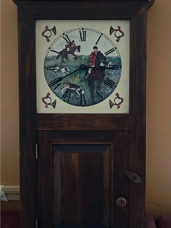 Vintage Rustic Wood Wall Clock with Hunt Scene in Brown and Red