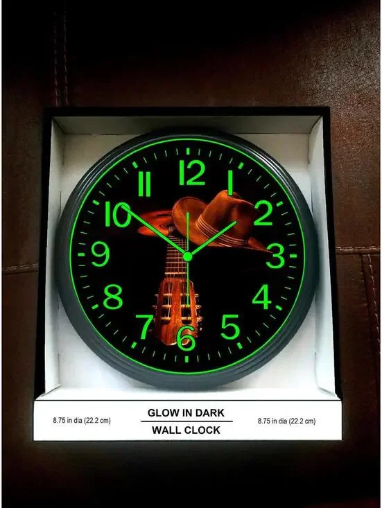 Country Guitar Music Studio Lounge Glow in the Dark Wall Clock New