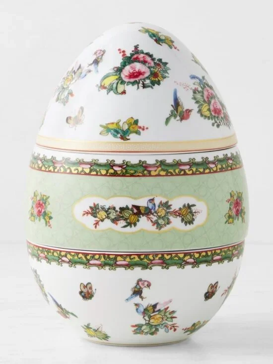 Williams Sonoma Porcelain Decorative Egg with Pastel Green and Floral Accents