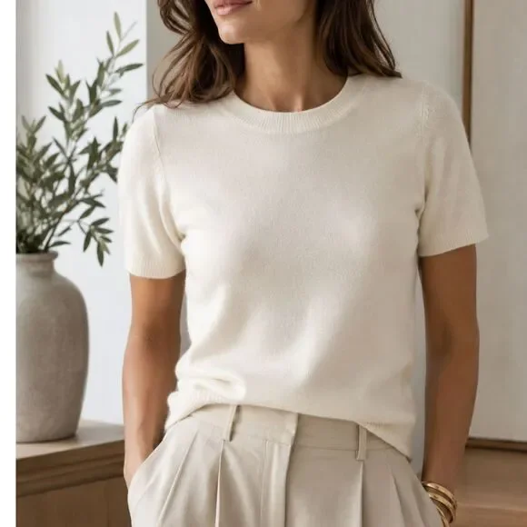 J.Crew 100% Cashmere Ivory Short Sleeve Sweater Women's M Luxury VERY Soft Knit
