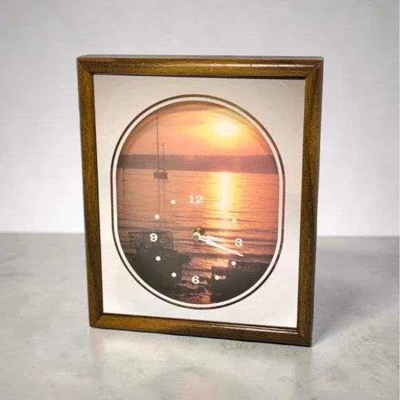 1970s Intercraft Shadowbox Wall Clock Fisherman Seascape Sunset MCM Works VNTG