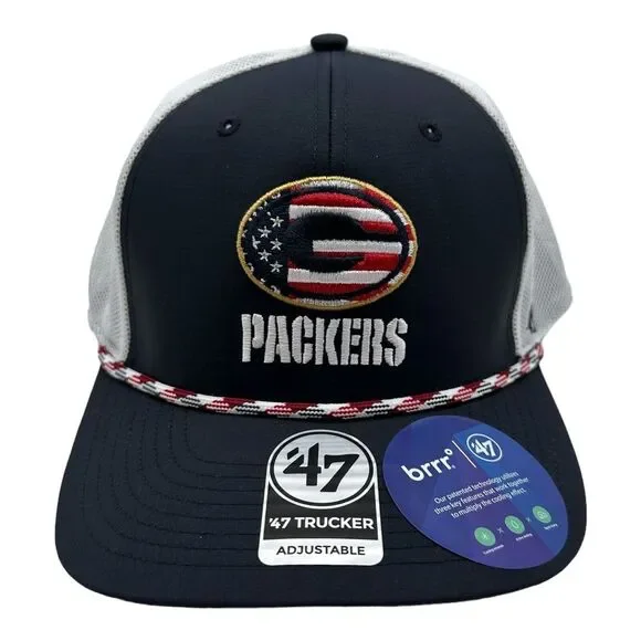 47' Green Bay Packers Hat Navy Flag Fill Trucker BRRR‎ Adjustable Strapback Cap