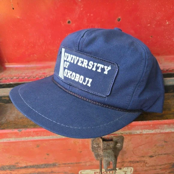 VTG K-Brand University Of‎ Okoboji Hat Navy OSFM Leather Strap Golf Buckle USA