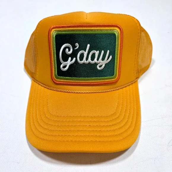 Port Sandz Trucker Hat Unisex OSFM Gold G'day Patch Snapback Mesh Surf Cap