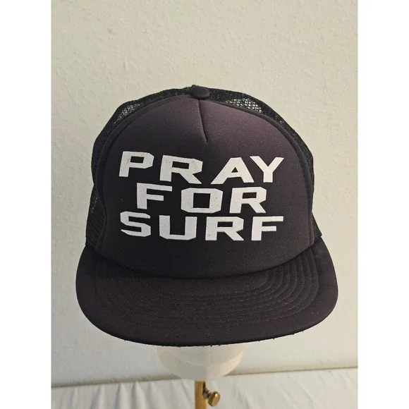 Pray For Surf Trucker Hat Black Mesh Snapback Foam Front Made in USA Hat