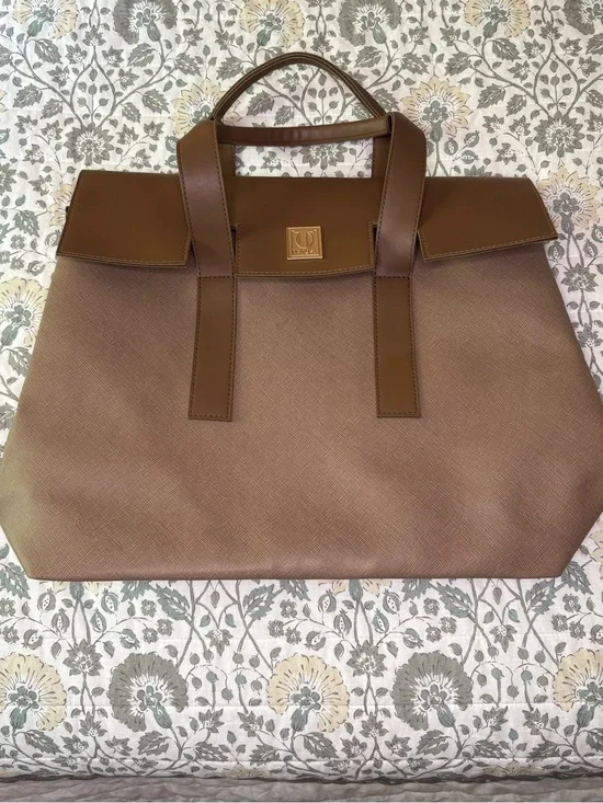 Textured Brown Tote with Top Handles and Gold Plaque