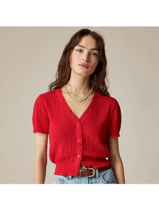 J Crew Pointelle Short Sleeve V Neck Cotton Cardigan with Lace Trim