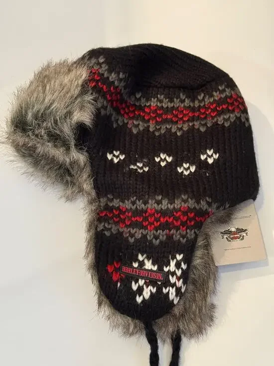 🏍️ Harley-Davidson Aviator Fur Trapper Hat Pom Pom Ear Flap Black Small NWT