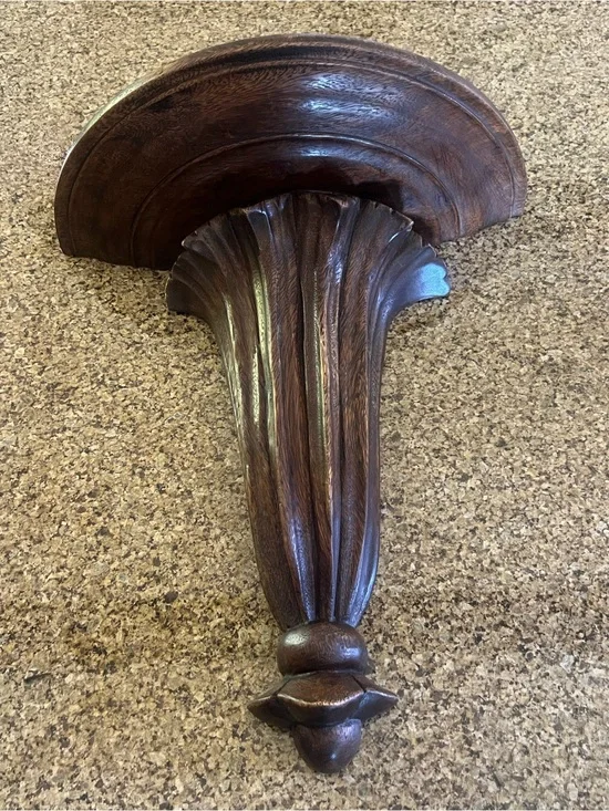 Vintage 15” Hand Carved Fluted Solid Dark Stained Wood Wall Sconce Shelve