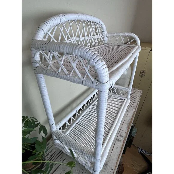 Vintage White Woven Wicker Two Tiered French Style Shelf 18”x18” Retro Boho