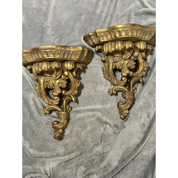Pair Ornate Gold Wall Shelf Corbel Brackets Baroque Acanthus Hollywood Regency