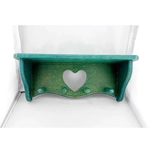 Vintage 1980's Green Wooden Cottagecore Distressed Heart Shelf With 4 Pegs.