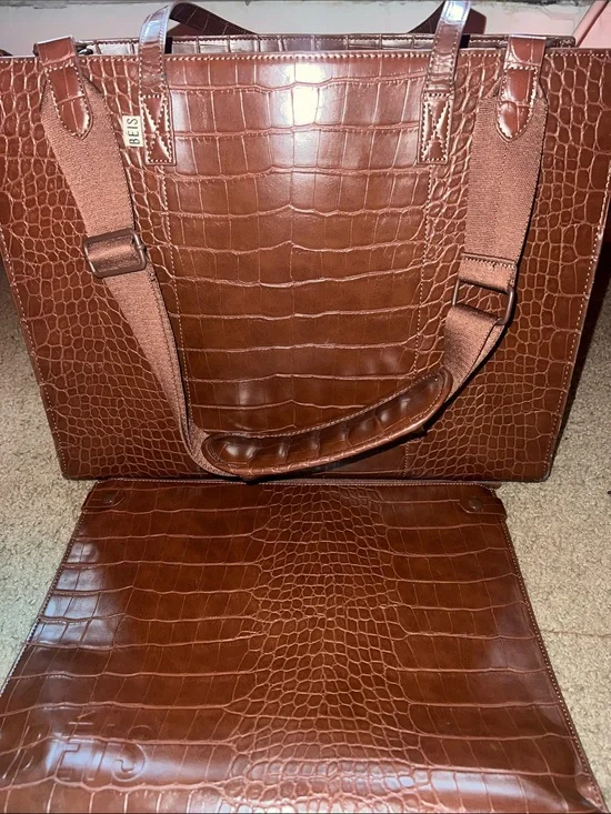 BEIS Croc-Embossed Travel Tote in Brown Leather Finish