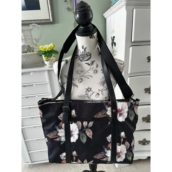 Mosiso Laptop Tote Bag Black Hibiscus Print USB Charging Port Crossbody Strap