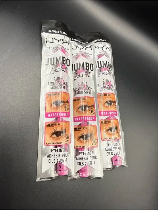 NYX Jumbo Lash 2-in-1 Liner & Lash Adhesive - Baddest Black -Lot of 3-