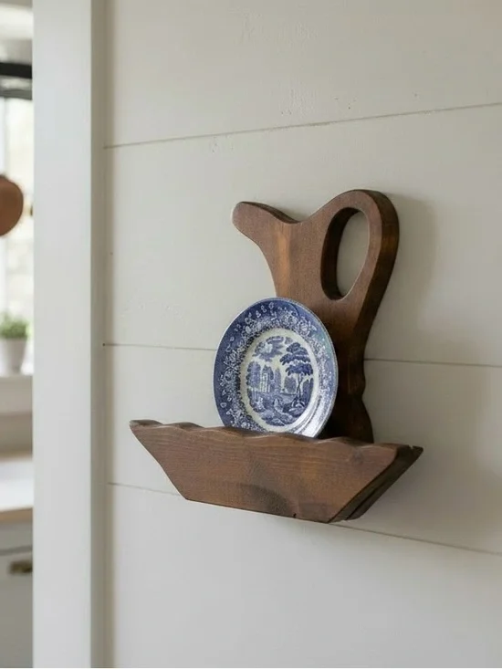 Rustic Handmade Wooden Wall Pocket Plate Shelf Wood Cottage Country Farmhouse