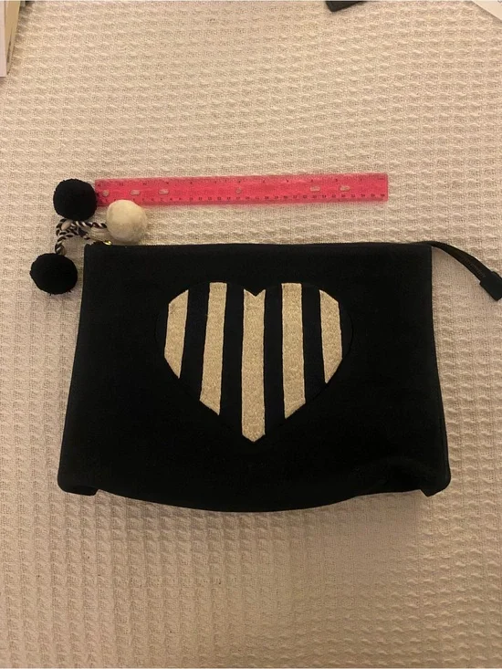 Black canvas Heart Stripe Pouch with Pom Pom Tassels