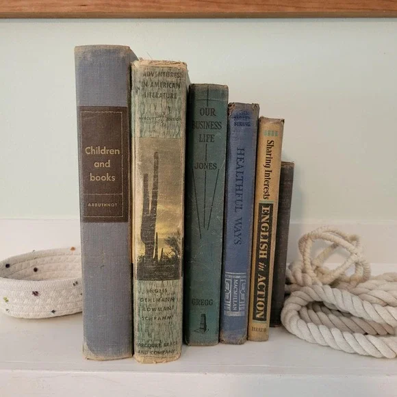 Vintage 6 Blue Book Set Lot Staging Decor‎ Retro Prop Shelf Mantle Centerpiece