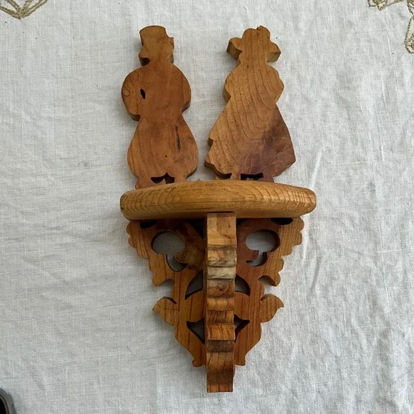 Vintage Hand Carved Amish Wood Wall Shelf Folk Art Scrollwork Grannycore Cottage