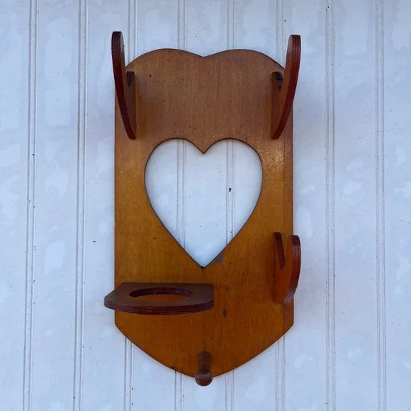 Vintage Heart Cutout Wooden Wall bathroom Rack Hook Shelf Honey Brown Decor
