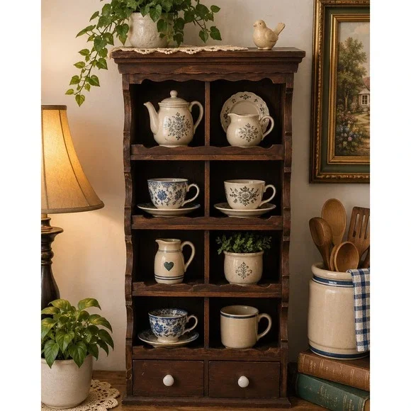 Vintage Rustic Country Wood Wall Display Shelf Cabinet w/ 2 Drawers Primitive