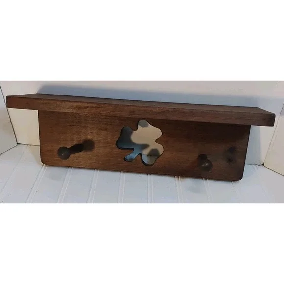 Vintage Wooden Wall Shelf Coat Rack 2 Peg Shamrock Cutout Display Shelf Rustic