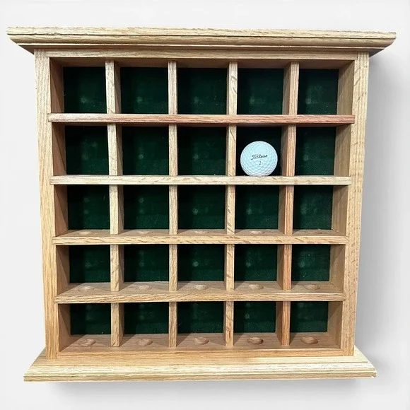 Solid Oak Wood Golf Ball Wall Shelf Display Case Box Wooden - 25 Ball Capacity -