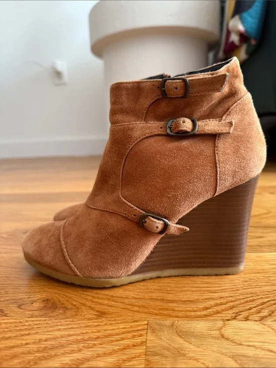 J Crew Suede Wedge Ankle Boot with Buckle Details