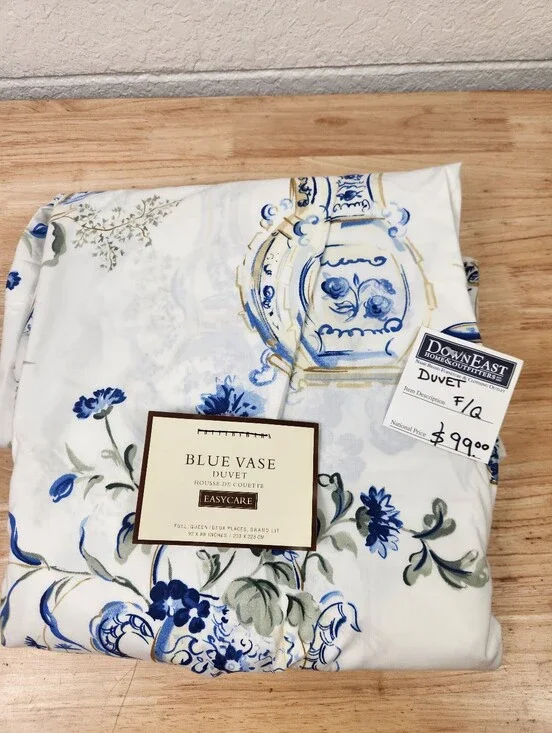Pottery Barn Blue Vase Duvet Sz F/Q Cottagecore French Floral 100% Cotton NOS