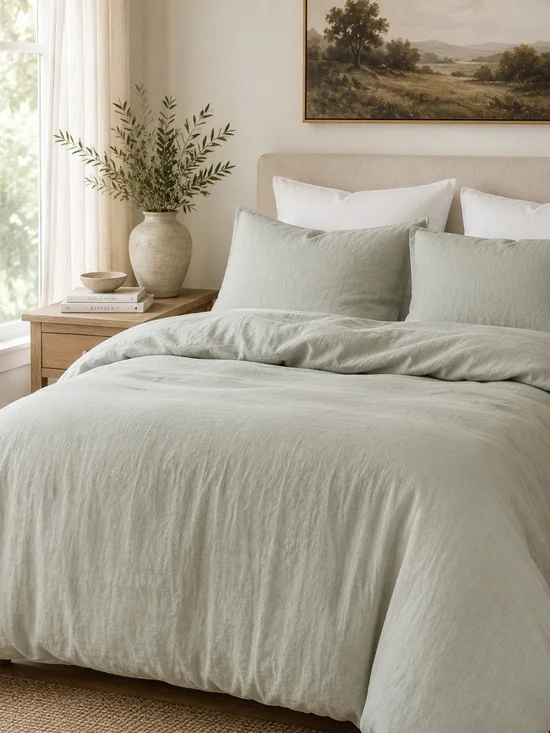 Quince European Linen Duvet Cover King/Cal King – Soft Sage / Light Olive