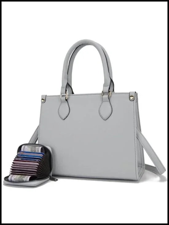 Vegan Leather Satchel Tote Bag Set with Matching Wallet - Medium