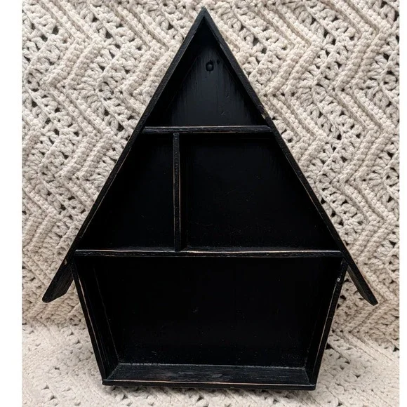 Vintage Black Wood House Curio Shelf Wall Hanging Shadow Box Display Case 14in