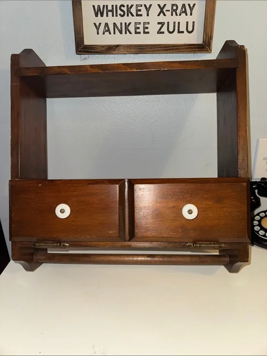 Vintage Handcrafted Wooden Rustic Wall Shelf Towel Holder Spice/Tea/Recipe Rack