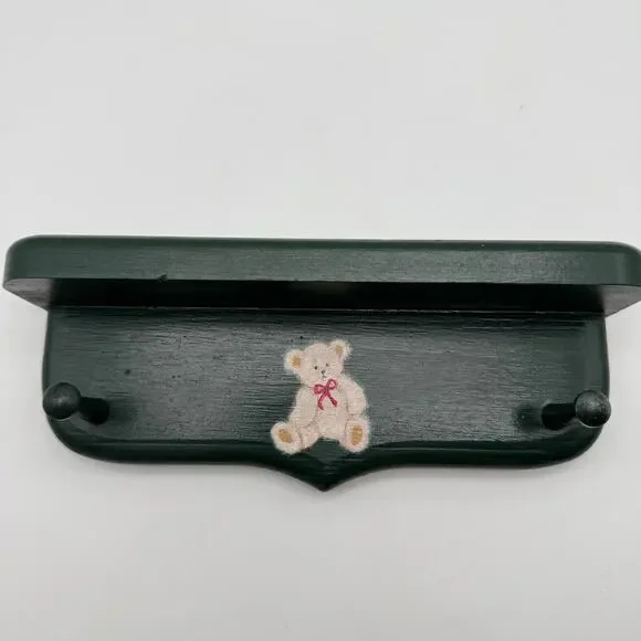 Vintage Teddy Bear Wood Wall Shelf Pegs Nursery Child's Room Green