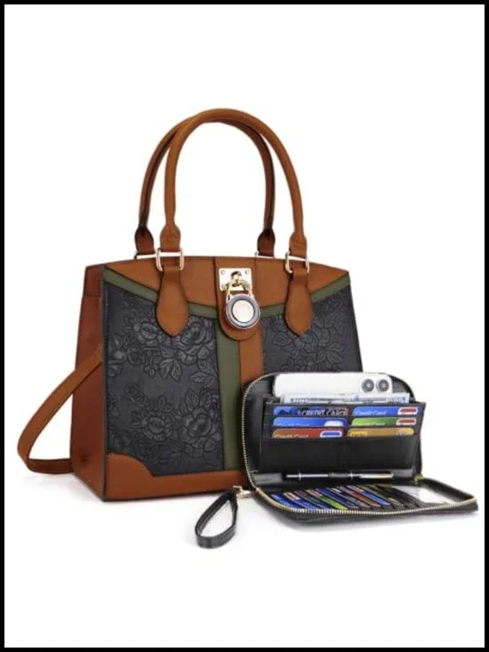 Women's Vegan Leather Tote Handbag Set with RFID Wallet, Medium Crossbody